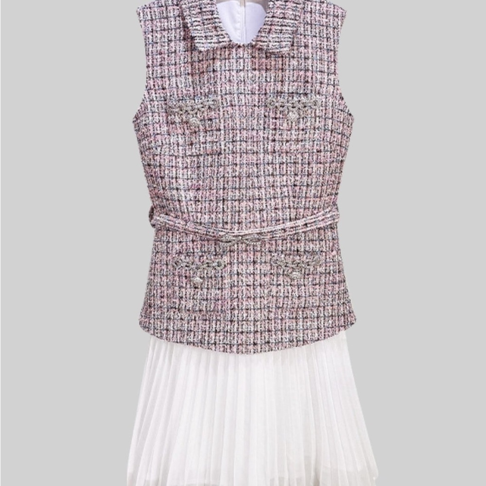 SIERRA DARIEN Elegant Tweed Sleeveless Dress with Dimond belt and accents NWT S